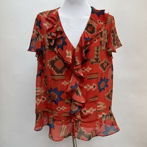 Chaps Denim Women's Top Size 2X Burnt Orange Blue Multicolor 2 Piece Ruffles